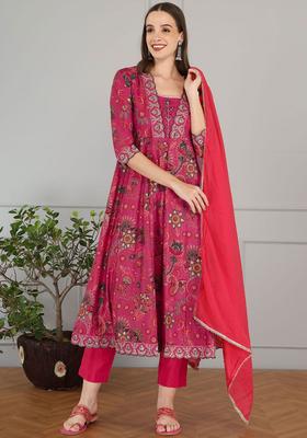 Red Printed Silk Kurta Set