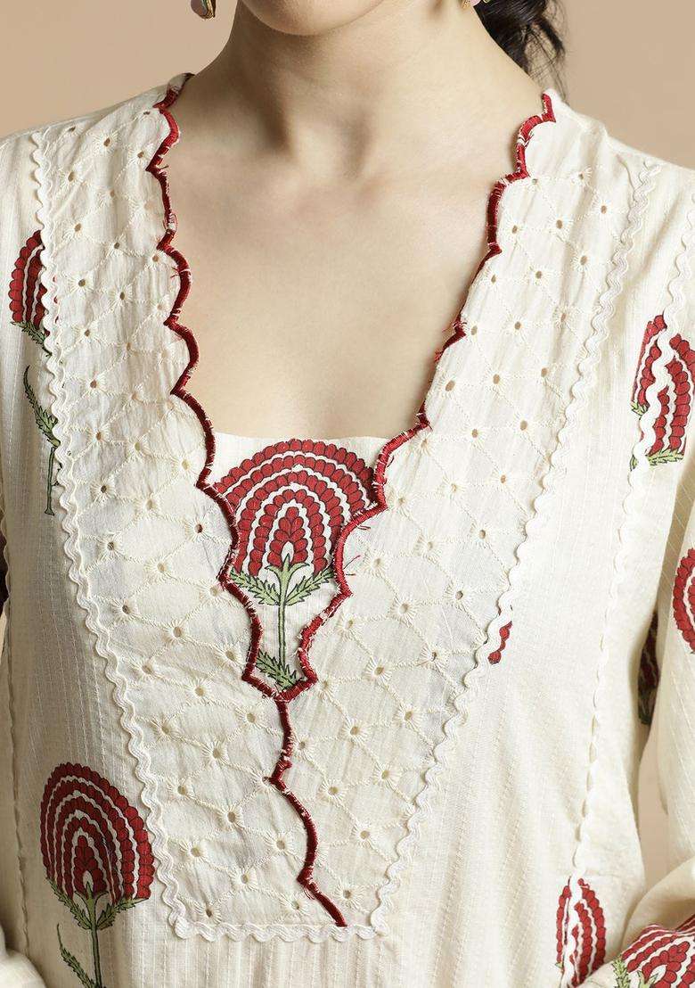 Red Printed Cotton Kurta Set - Indya