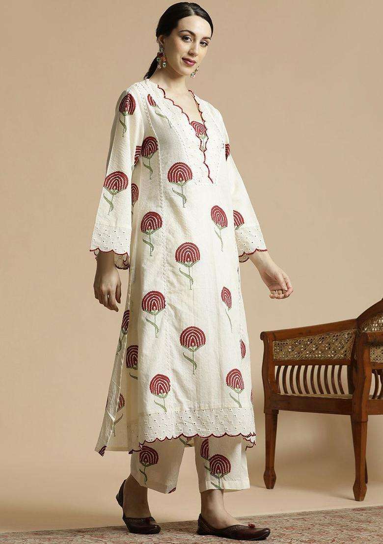 Red Printed Cotton Kurta Set - Indya