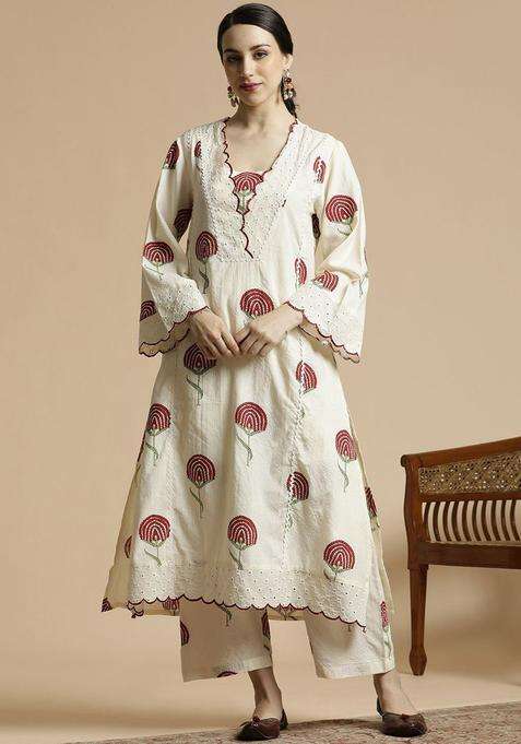 Red Printed Cotton Kurta Set