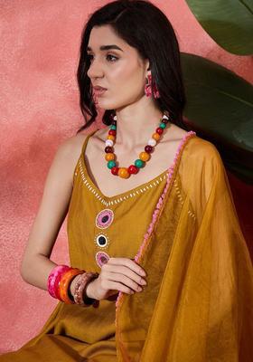 Mustard Embroidered Viscose Kurta Set