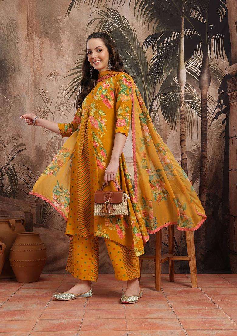 Mustard Printed Polyester Kurta Set - Indya