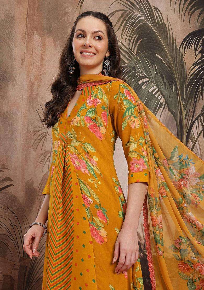 Mustard Printed Polyester Kurta Set - Indya