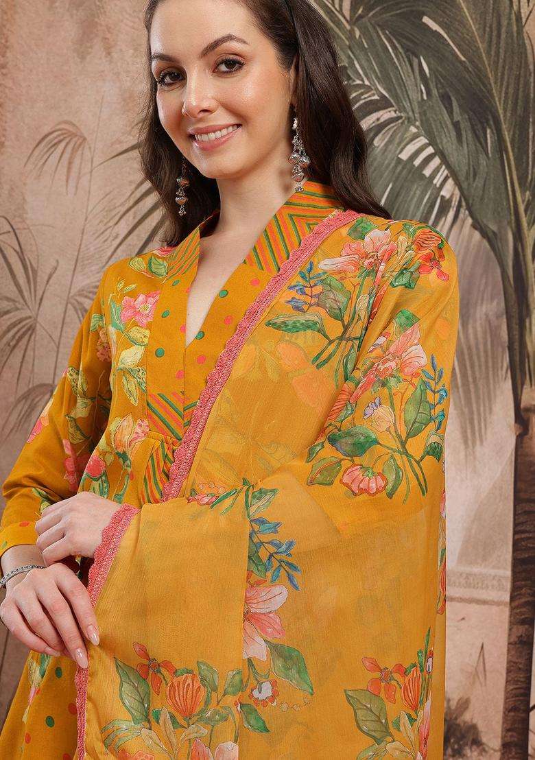 Mustard Printed Polyester Kurta Set - Indya