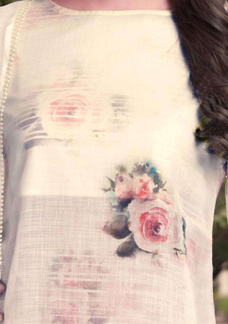 Cream Printed Linen Kurta Set - Indya