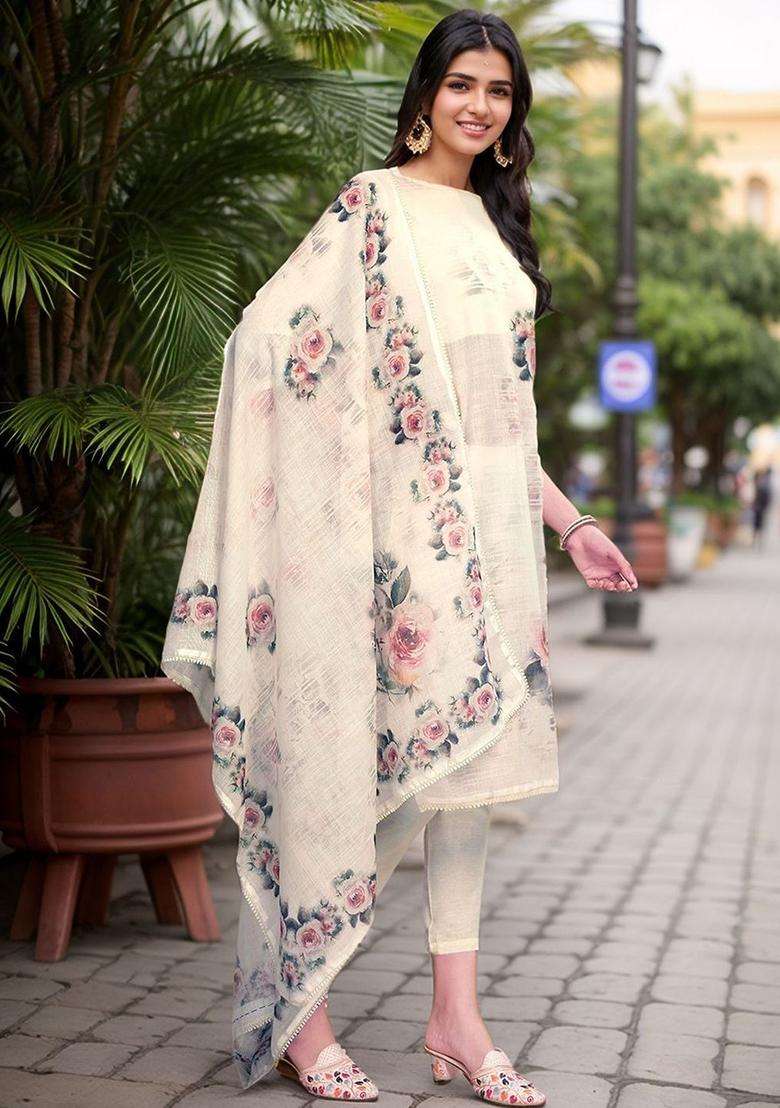 Cream Printed Linen Kurta Set - Indya