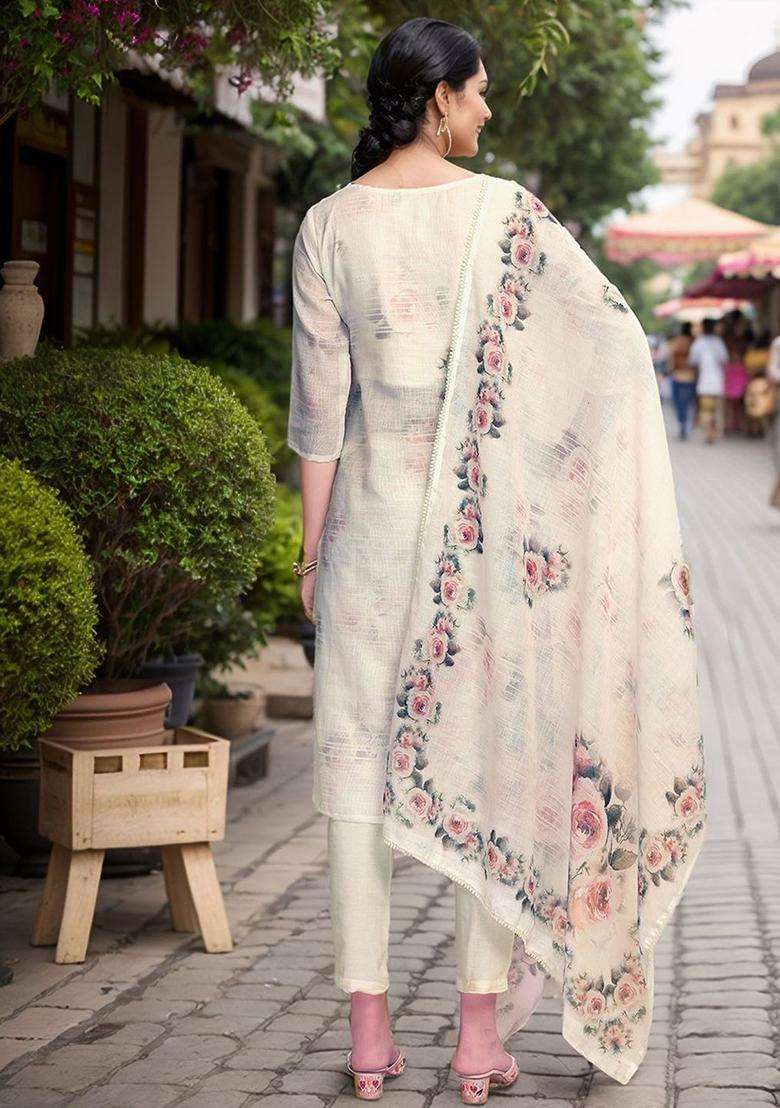 Cream Printed Linen Kurta Set - Indya