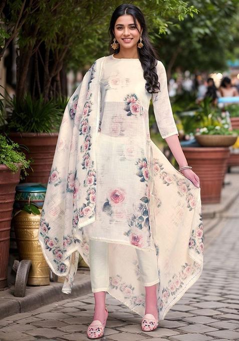 Cream Printed Linen Kurta Set — view on Indya