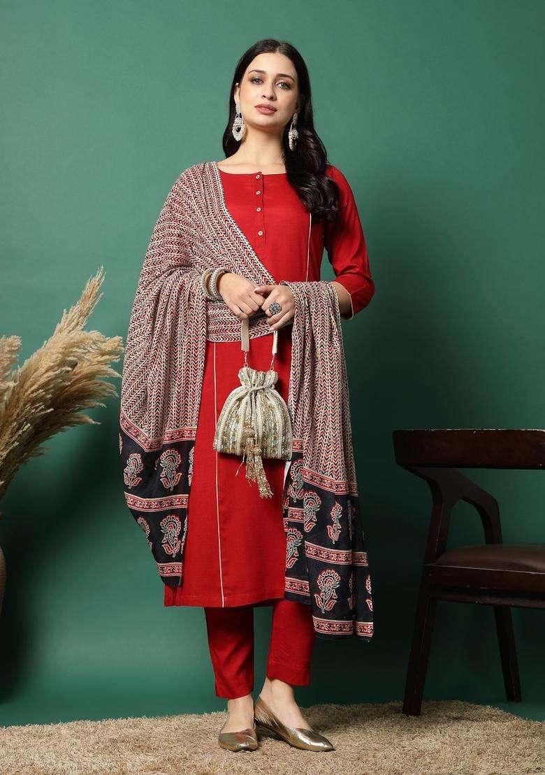 Red Solid Viscose Kurta Set - Indya