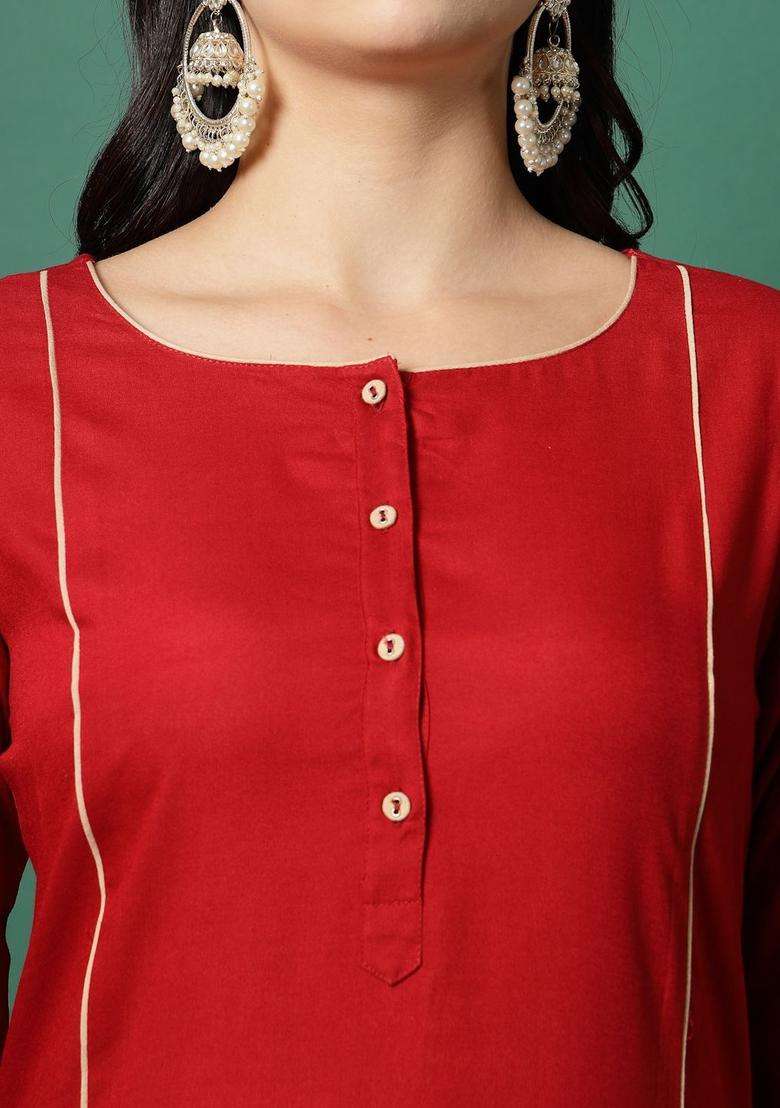 Red Solid Viscose Kurta Set - Indya