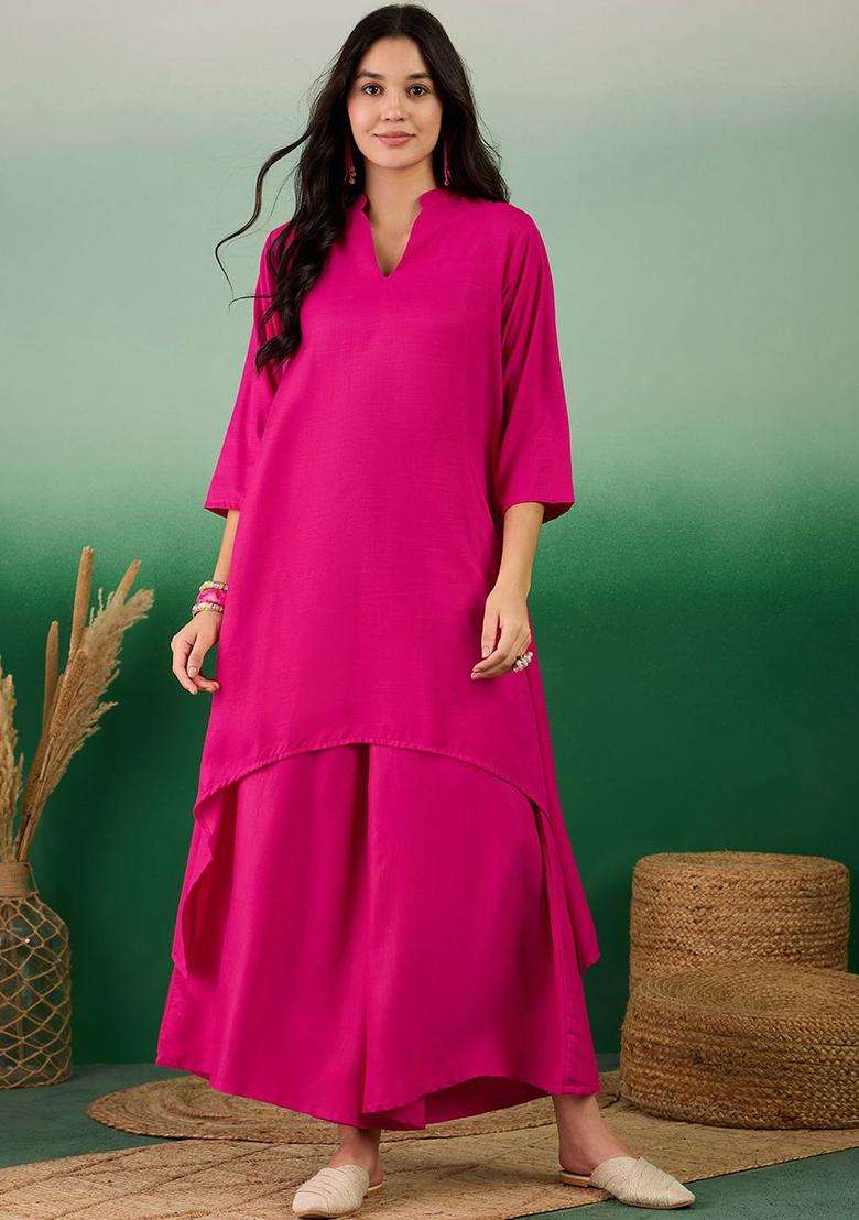 Fuchsia Solid Viscose Kurta Set - Indya