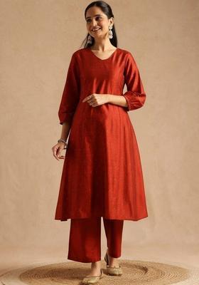 Red Printed Silk Blend Kurta Set