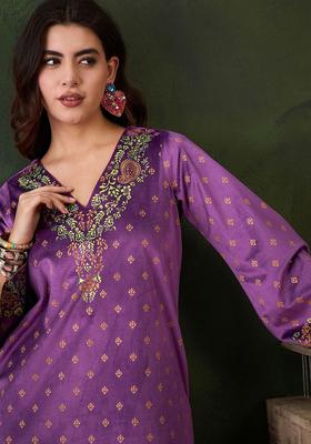 Purple Self Design Velvet Kurta Set