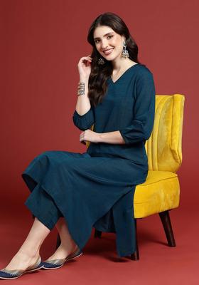 Navy Blue Solid Silk Blend Kurta Set