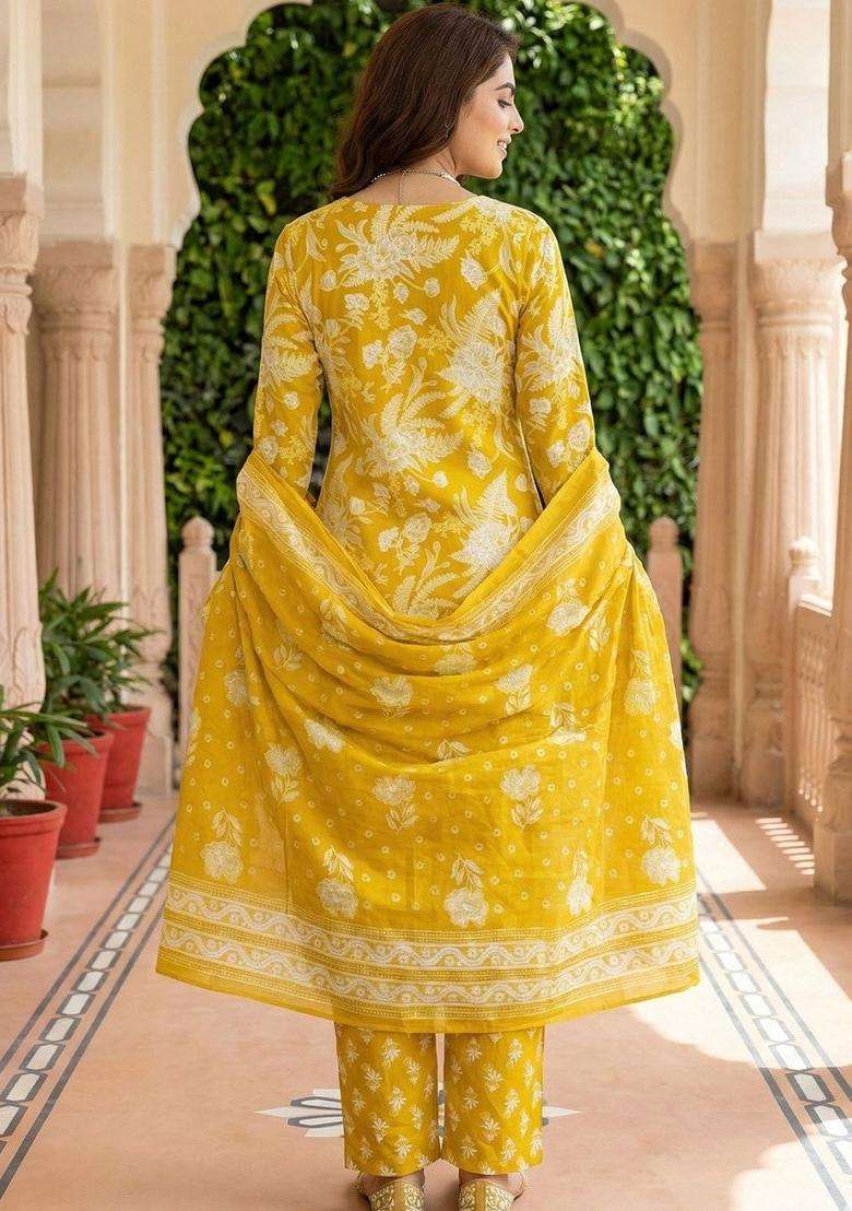 Yellow Printed Cotton Kurta Set - Indya