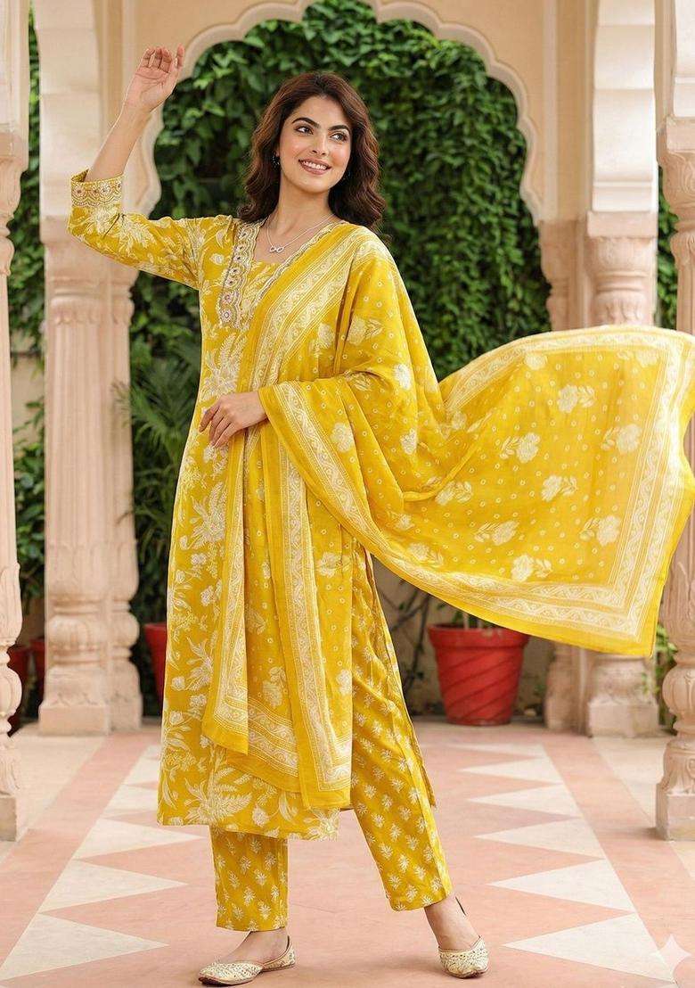 Yellow Printed Cotton Kurta Set - Indya