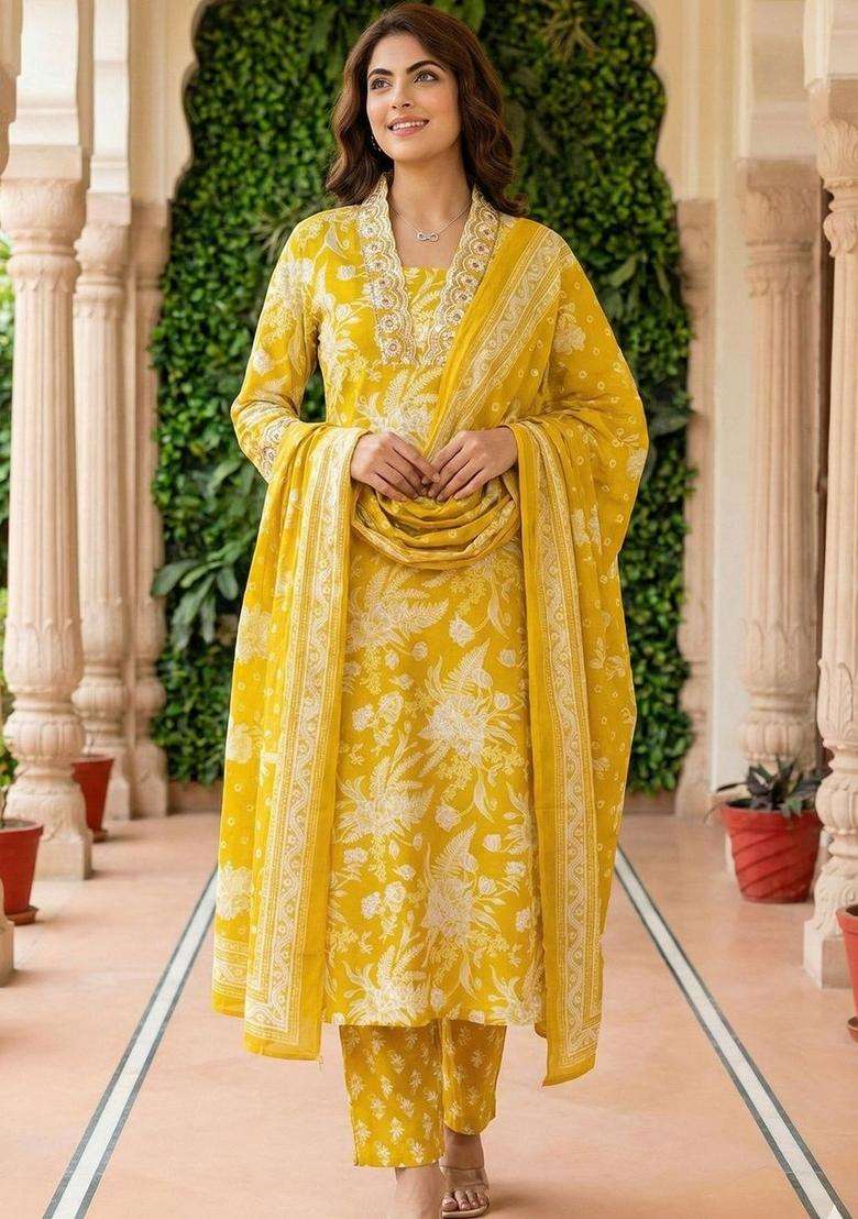 Yellow Printed Cotton Kurta Set - Indya