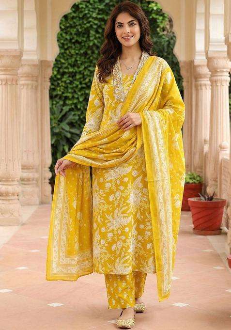 Yellow Printed Cotton Kurta Set