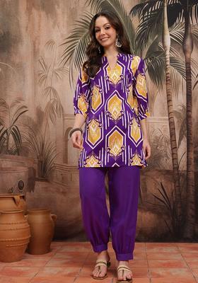 Purple Printed Polyester Kurta Set
