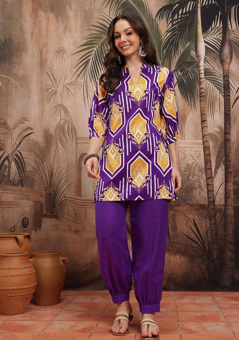 Purple Printed Polyester Kurta Set - Indya