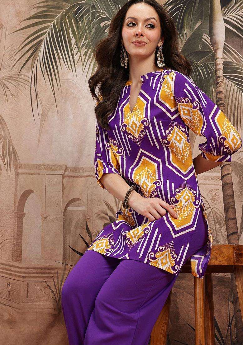 Purple Printed Polyester Kurta Set - Indya
