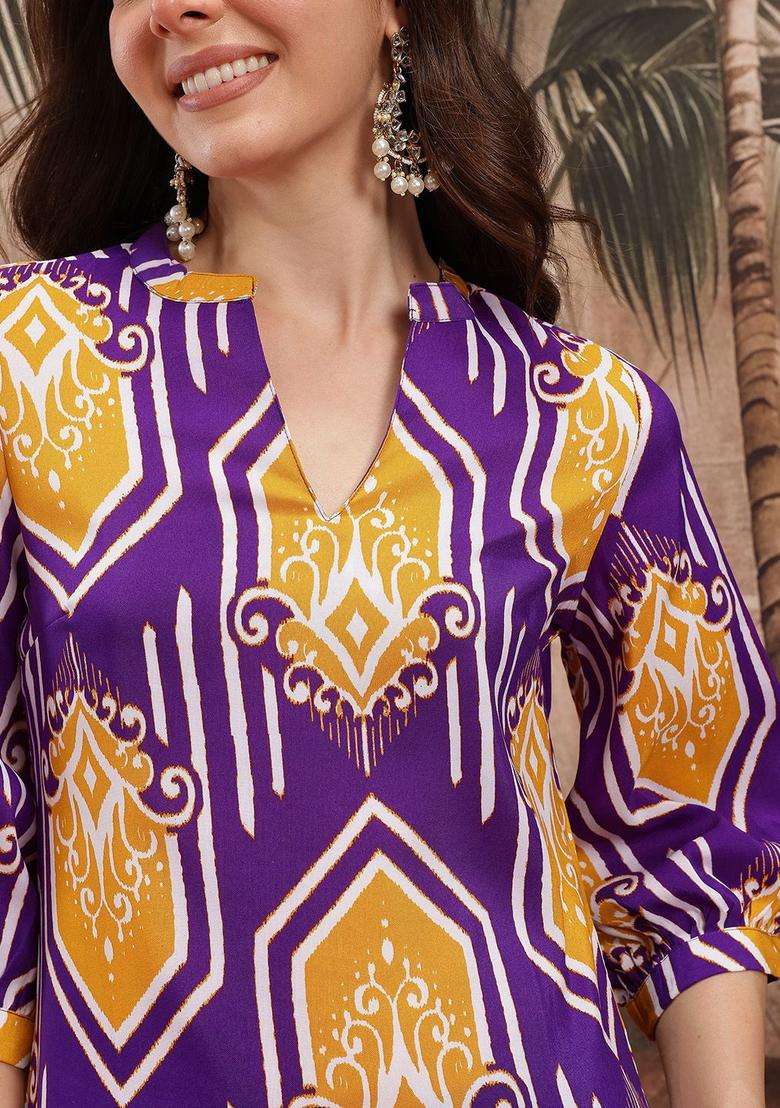 Purple Printed Polyester Kurta Set - Indya