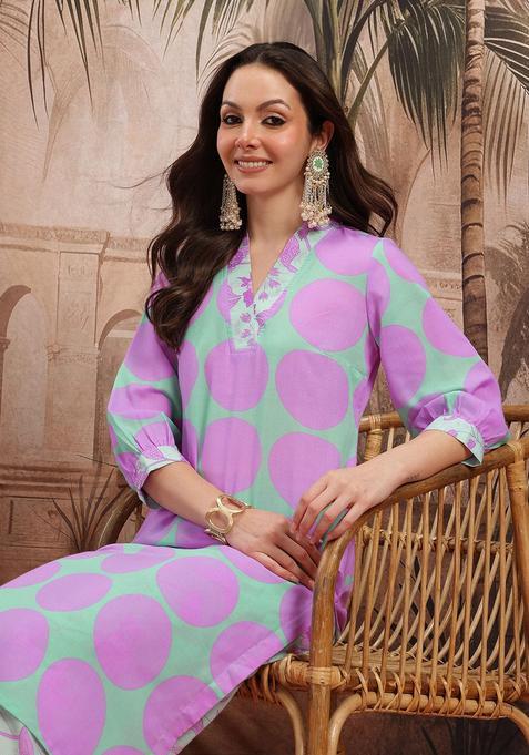 Green Printed Polyester Kurta Set — view on Indya