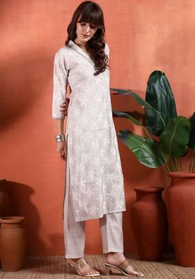 Off White Printed Silk Blend Kurta Set