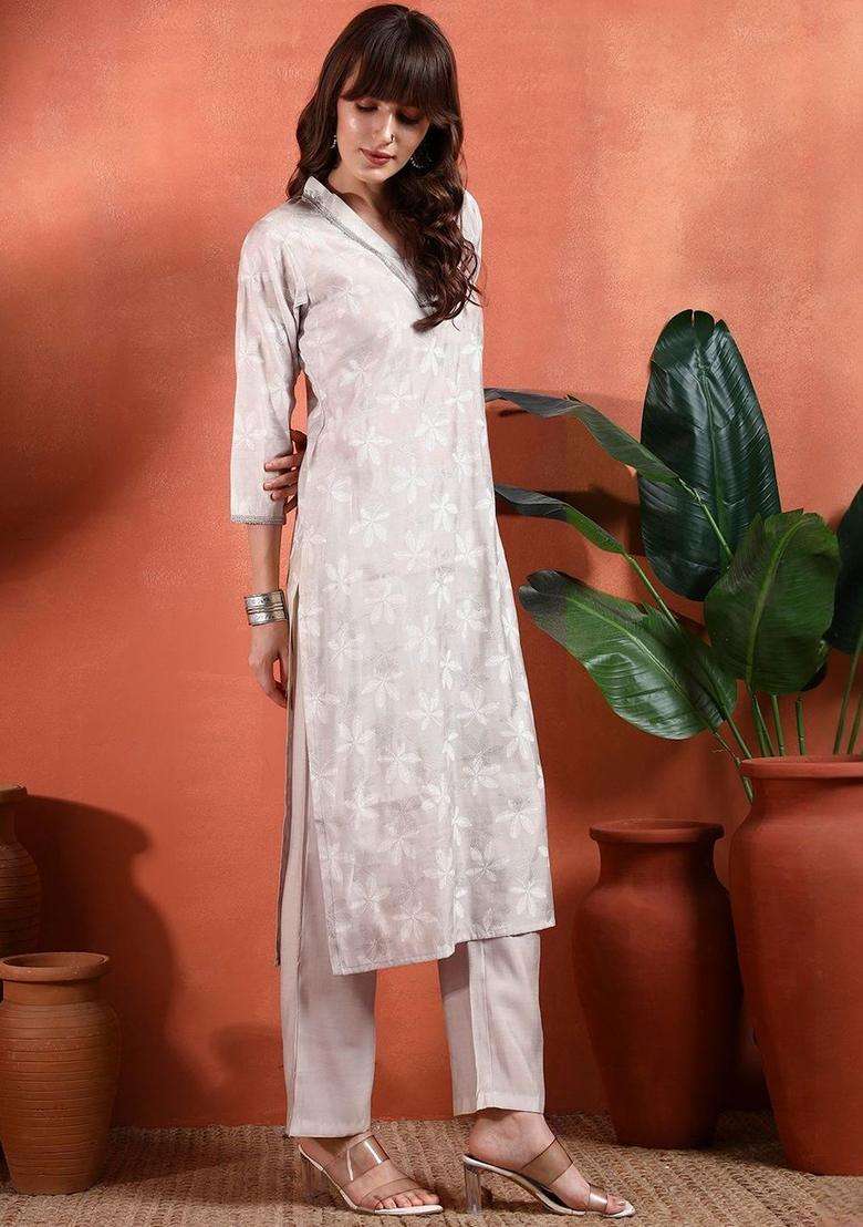 Off White Printed Silk Blend Kurta Set - Indya