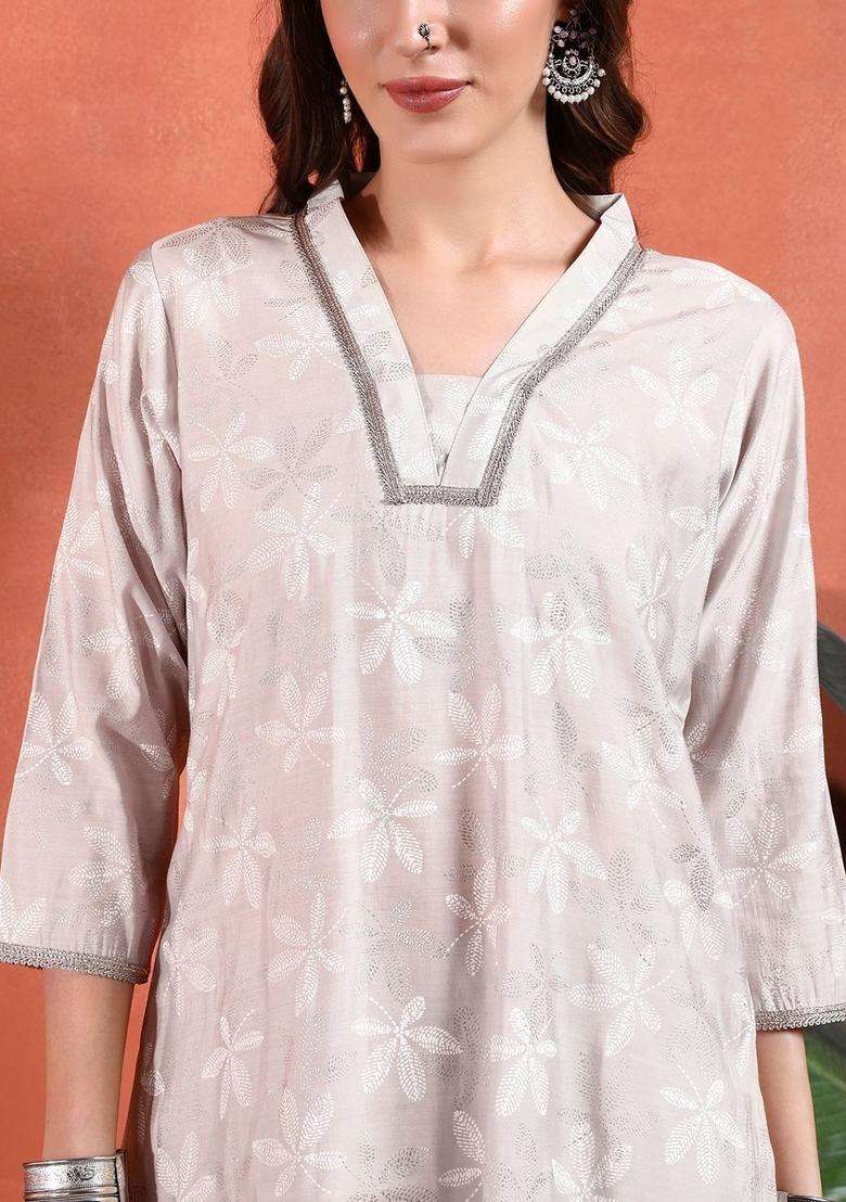 Off White Printed Silk Blend Kurta Set - Indya