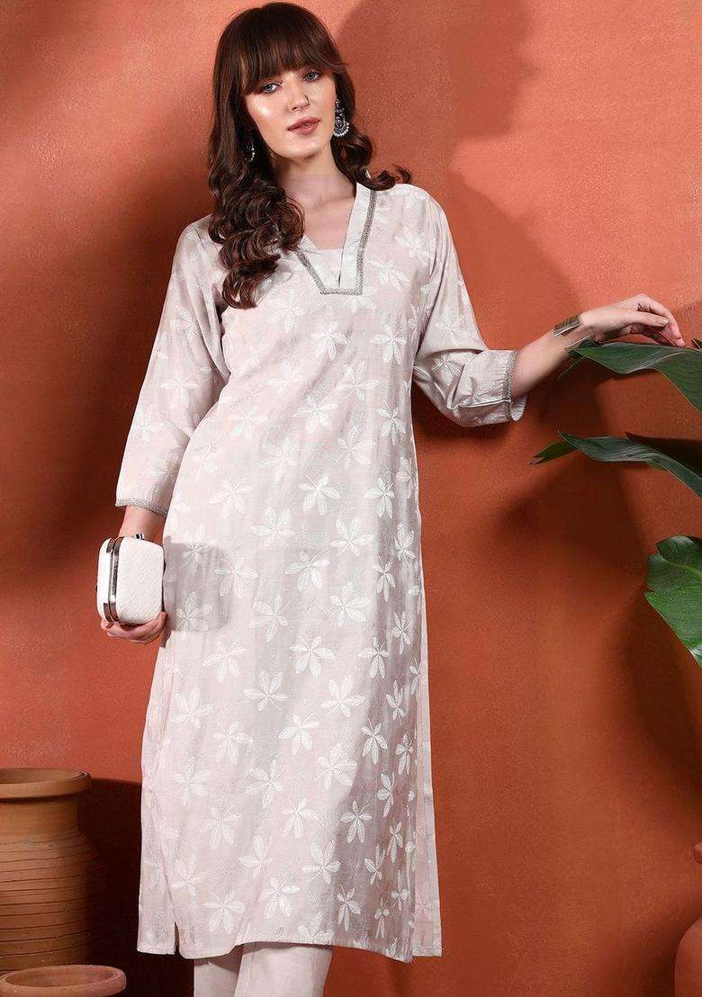 Off White Printed Silk Blend Kurta Set - Indya