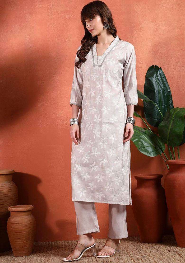 Off White Printed Silk Blend Kurta Set - Indya