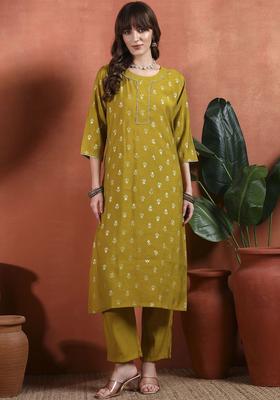 Olive Printed Silk Kurta Set