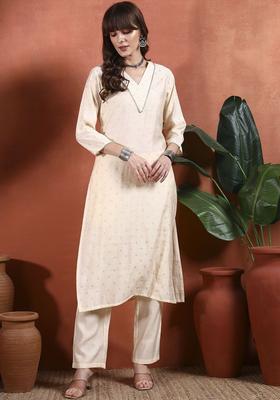 Cream Printed Silk Kurta Set