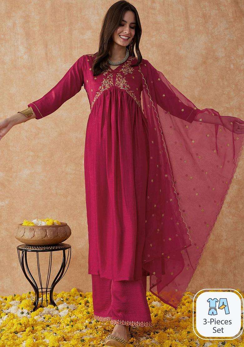 Pink Embroidered Silk Blend Anarkali Set - Indya