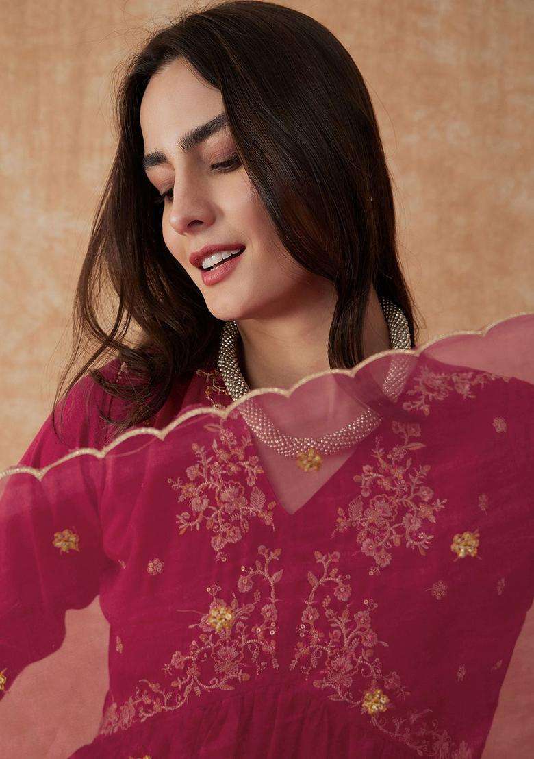 Pink Embroidered Silk Blend Anarkali Set - Indya