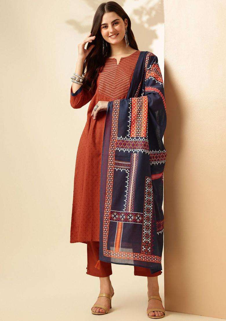 Rust Woven Design Cotton Kurta Set - Indya