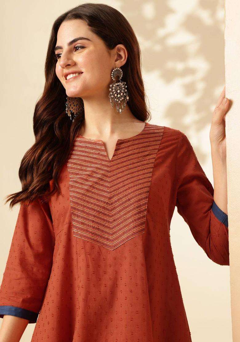 Rust Woven Design Cotton Kurta Set - Indya