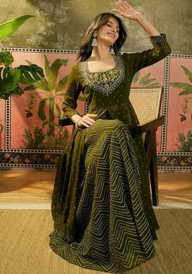 Olive Embroidered Georgette Kurta Set