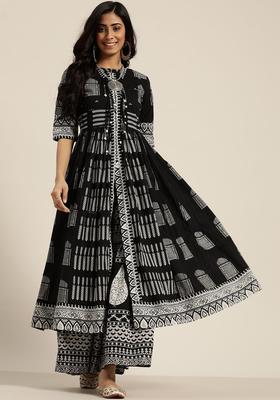 Black Printed Cotton Kurta Set