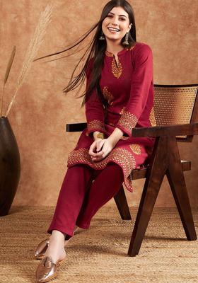 Rust Woven Design Wool Blend Kurta Set