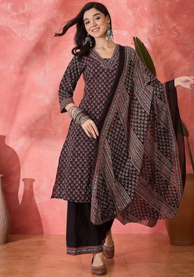 Black Printed Cotton Kurta Set
