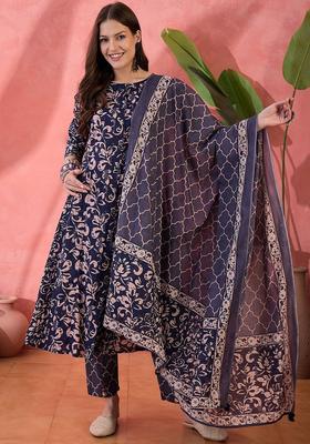 Navy Blue Printed Cotton Anarkali Set