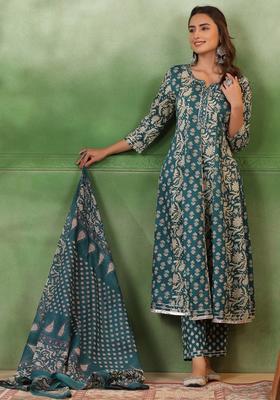 Teal Printed Cotton Anarkali Set