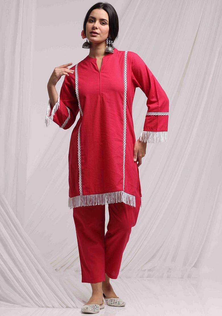 Fuchsia Solid Cotton Kurta Set - Indya