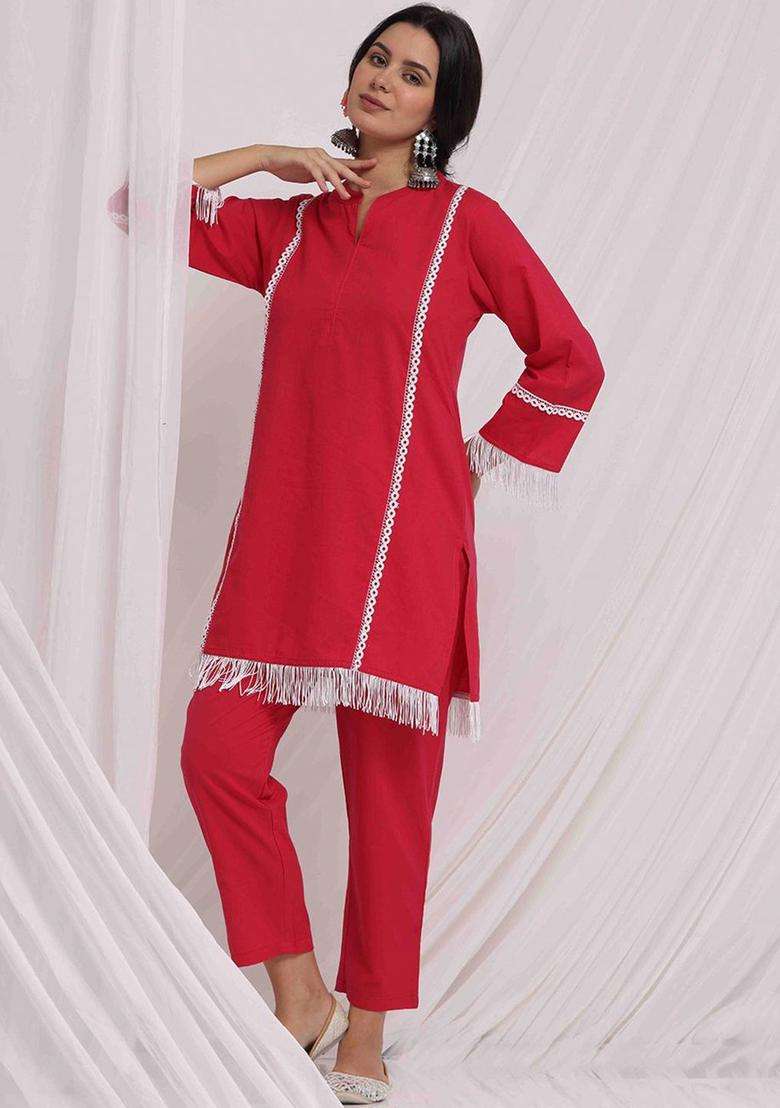 Fuchsia Solid Cotton Kurta Set - Indya