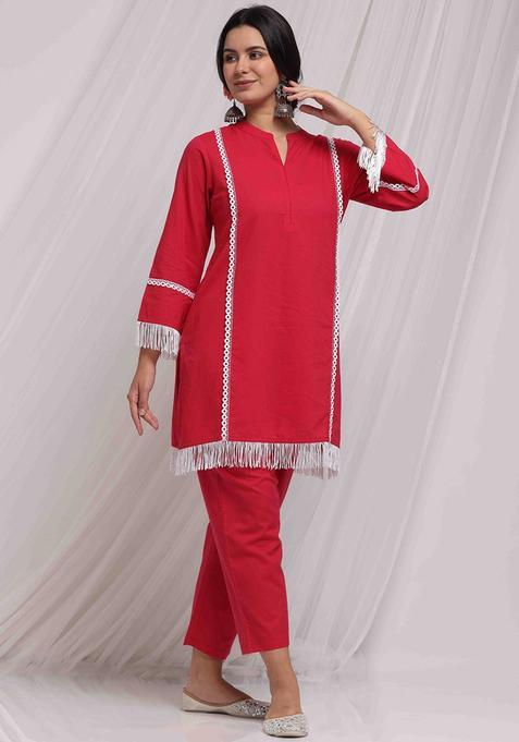 Fuchsia Solid Cotton Kurta Set — view on Indya