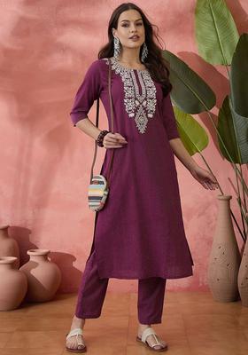 Magenta Embroidered Cotton Kurta Set