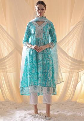 Turquoise Blue Printed Cotton Anarkali Set