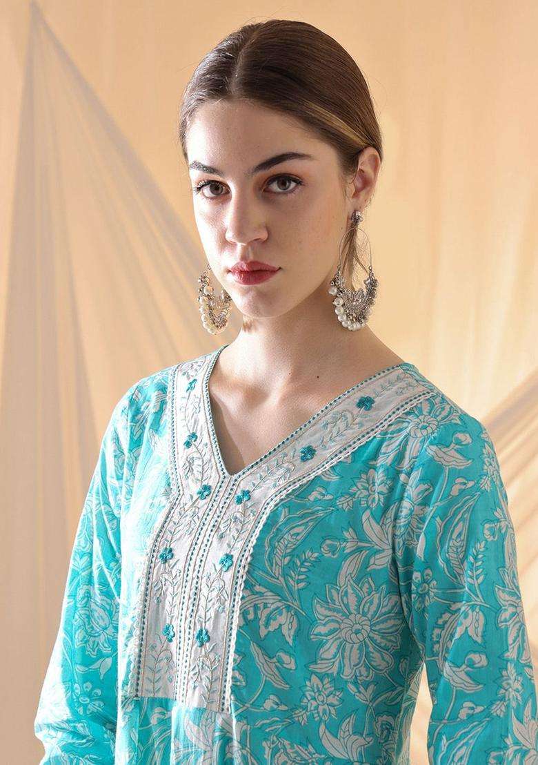 Turquoise Blue Printed Cotton Anarkali Set - Indya